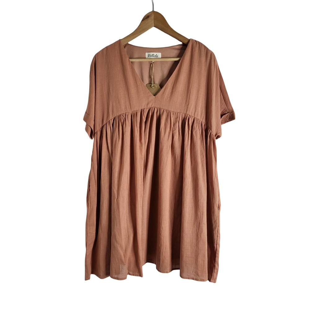Listicle Mauve Terracotta Cotton V-Neck Babydoll Mini Dress with Pockets Small
